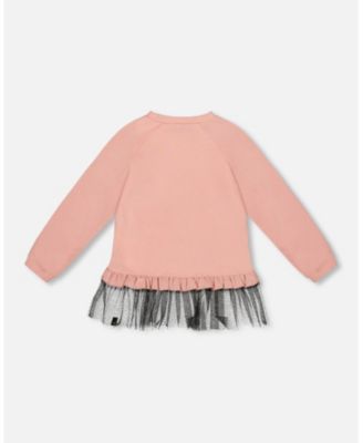 Big Girls Long Bi-Material Top Dusty Pink with Mesh Ruffle Hem and Leopard Print