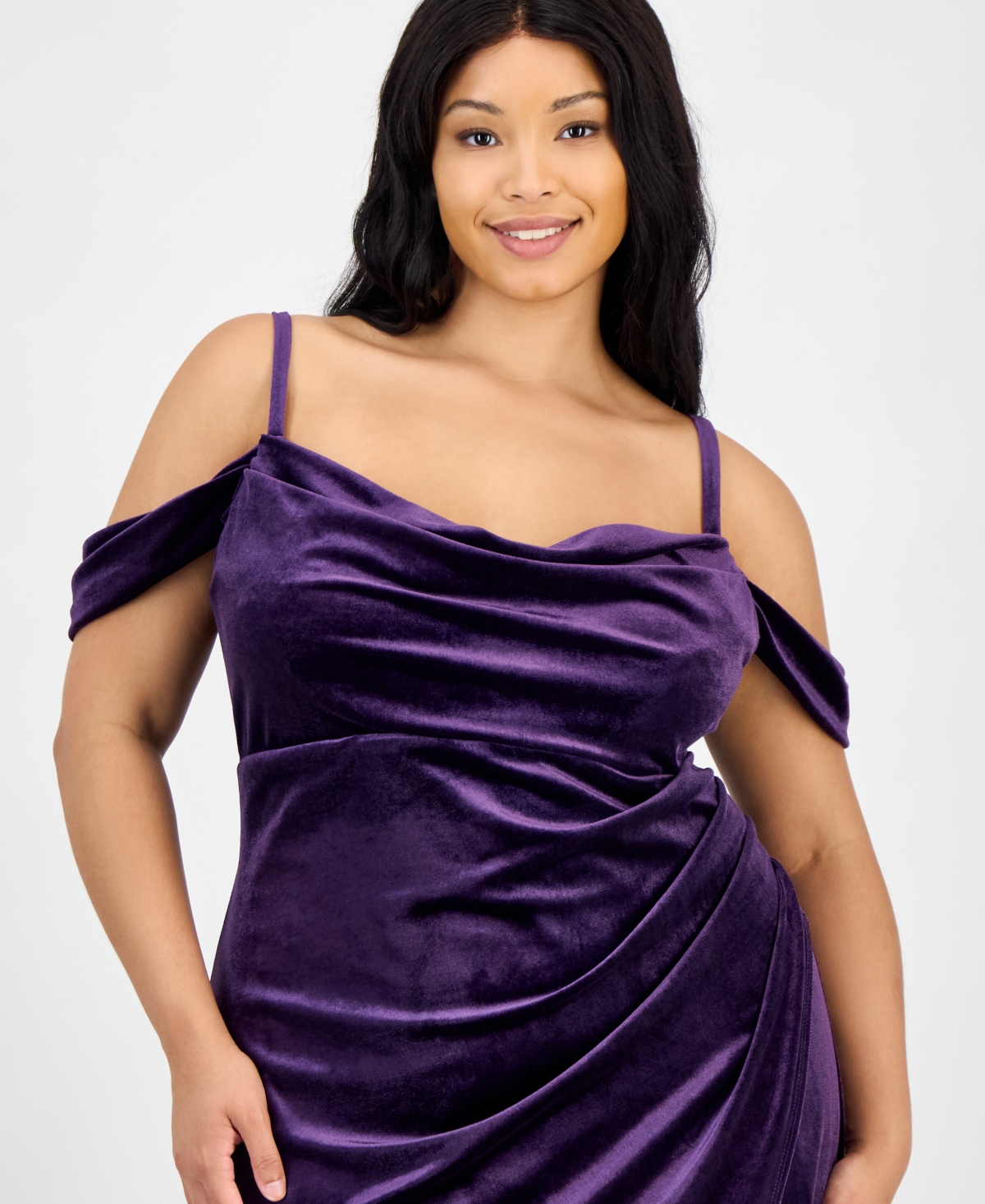 B Darlin Off The Shoulder Velvet Gown In Purple