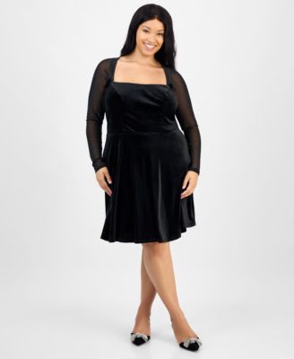 City Studios - Trendy Plus Size Mesh-Sleeve Velvet Fit & Flare Dress