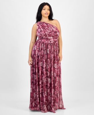 B Darlin - Trendy Plus Size Printed One-Shoulder Gown