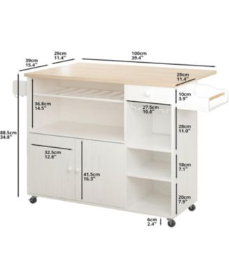 Rolling Kitchen Island Cart with Drop-Leaf and Wine Rack, White