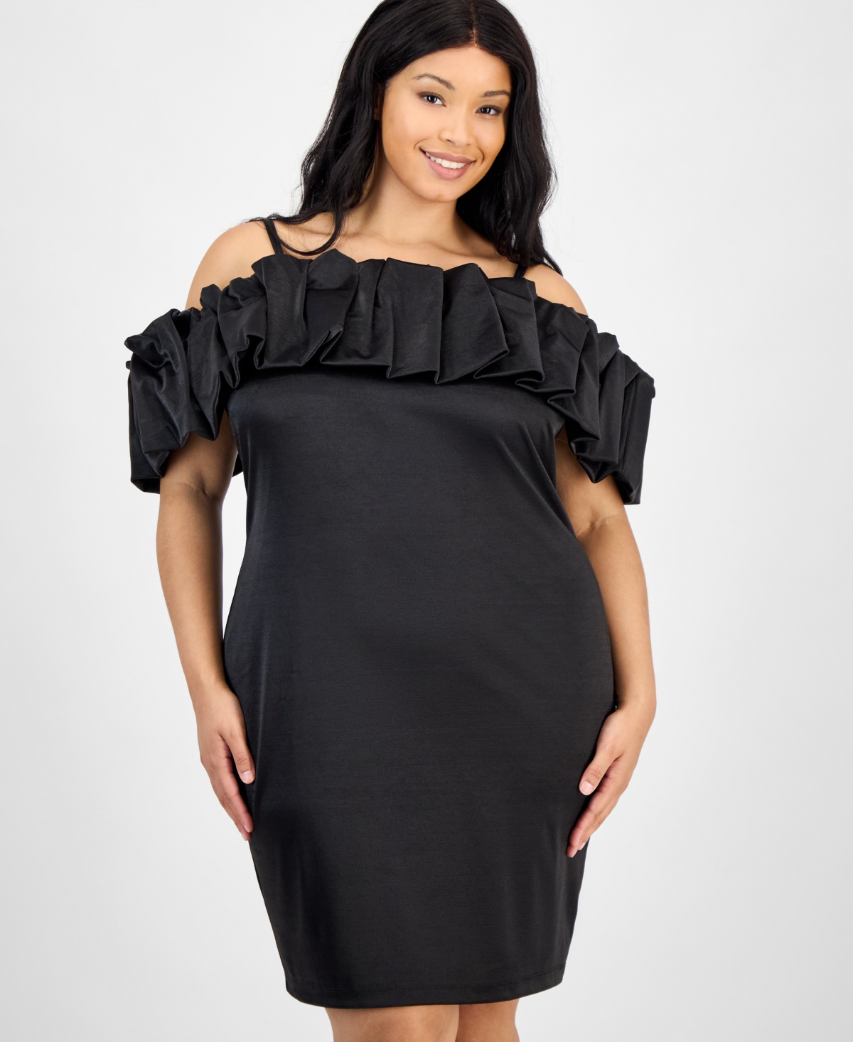 City Studios Trendy Plus Size Bubble-trim Scuba Bodycon Dress In Black