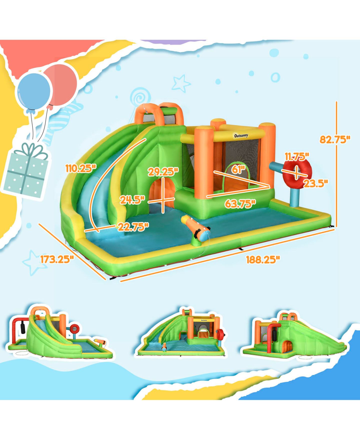 Детская игрушка Outsunny 7-in-1 Backyard Inflatable Bounce House with Slide & Water Blaster, Ages 3-8 — фото 3