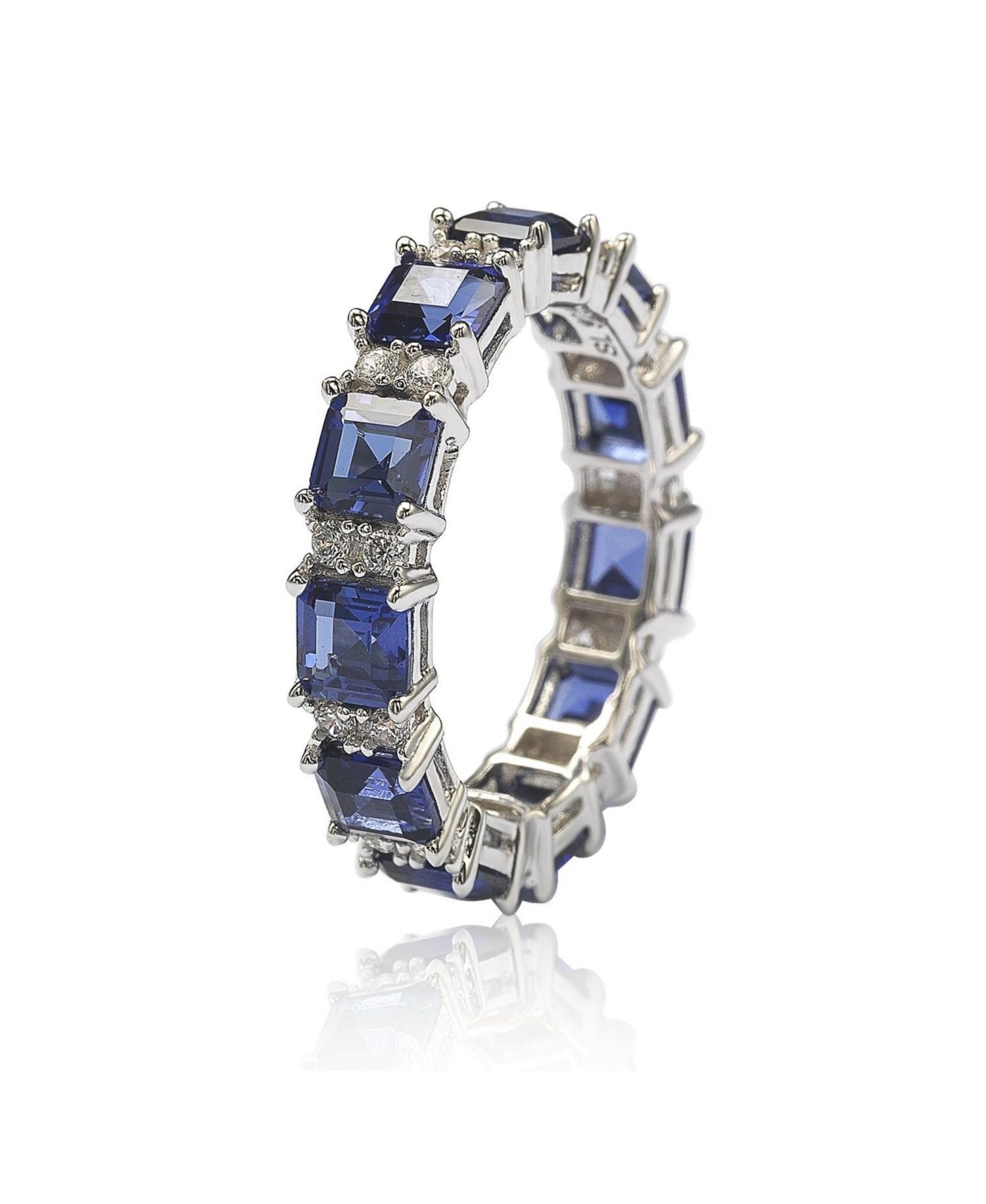 Suzy Levian Sterling Silver Sapphire & Created White Sapphire Assacher Cut Eternity Band Ring