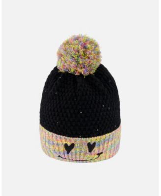 Girl Lined Knit Hat with Pompom Black and Multicolor - Toddler|Child