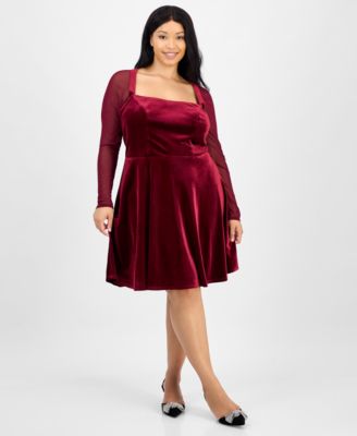 City Studios - Trendy Plus Size Mesh-Sleeve Velvet Fit & Flare Dress