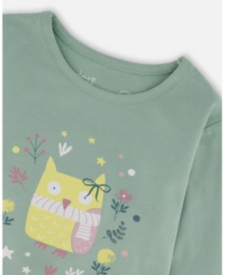 Baby Girl Cotton Jersey Top Jade Green with Owl - Baby