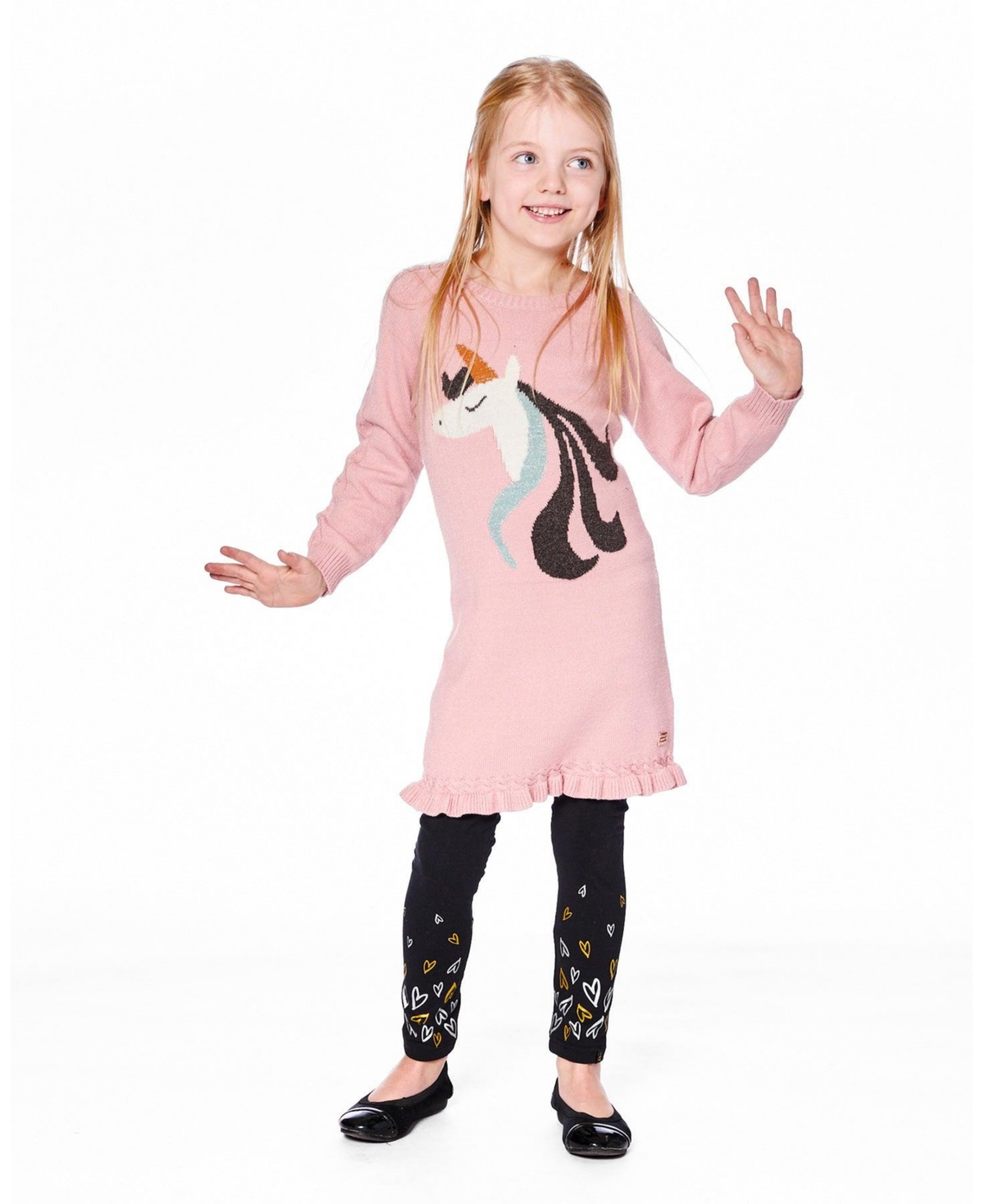 Deux par Girl Knitted Dress Dusty Pink with Unicorn Intarsia