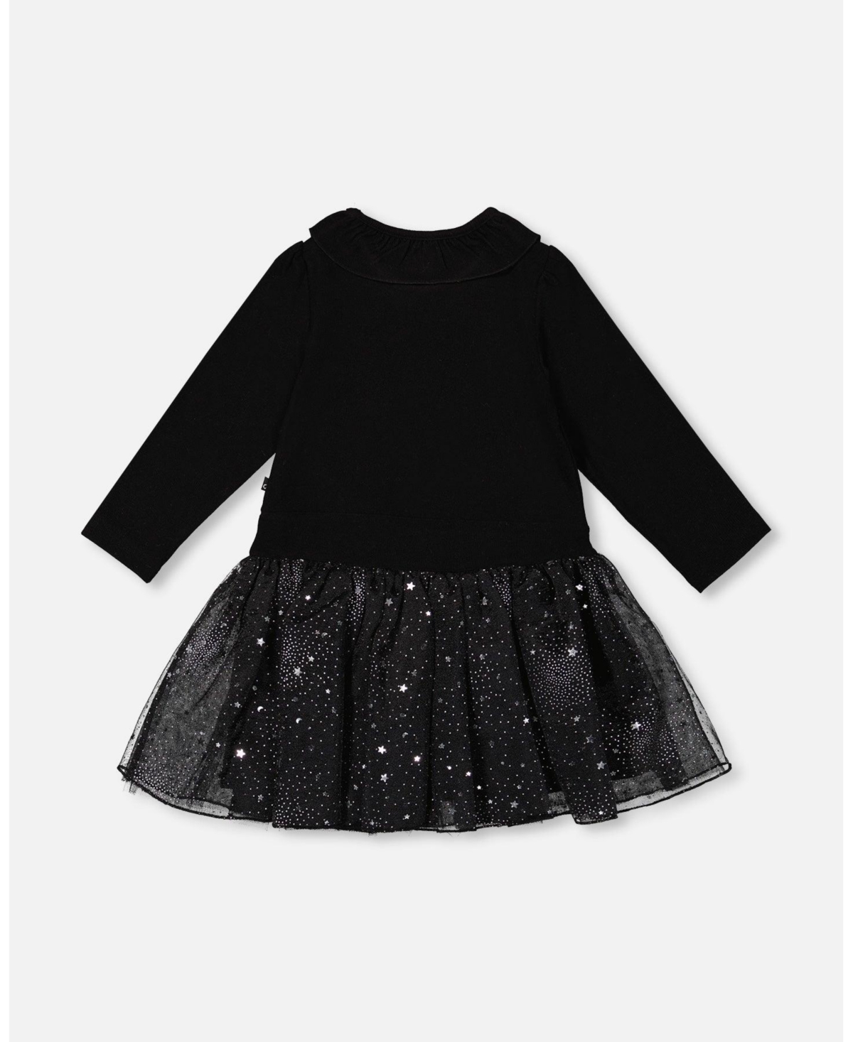 Deux par Girl Bi-Material Dress with Glittering Skirt Black