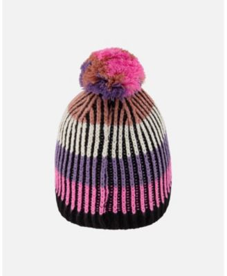 Girl Lined Knit Pompom Hat Pink and Purple and Black - Toddler|Child