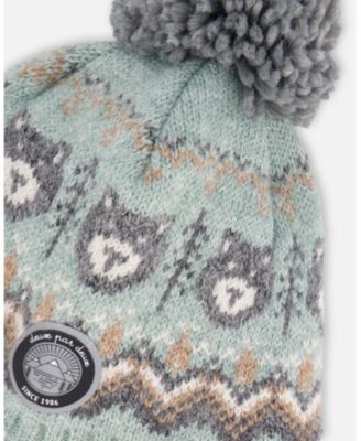 Baby Boy Lined Peruvian Knit Pompom Hat Gray and Sage - Baby