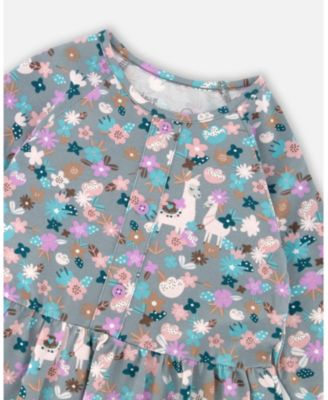 Toddler Girls Half Button Cotton Dress Blue Llama Print - Toddler|Child