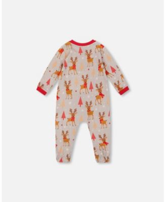 Baby Boy One-Piece Cotton Pajama Beige Reindeer Print - Baby