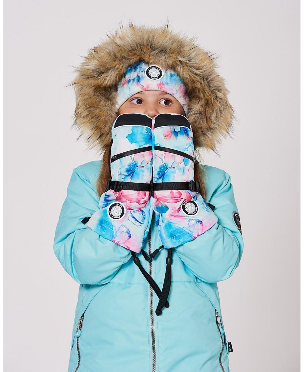 Deux par Girl Winter Mittens Teknik Blue Flower Print