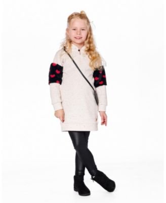 Big Girls Hooded Glittering French Terry Dress Beige with Heart Bag