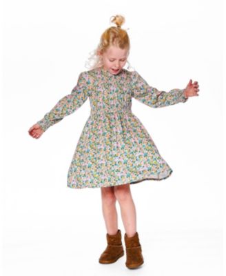 Girl Smocked Viscose Dress Green with Floral Print - Toddler|Child