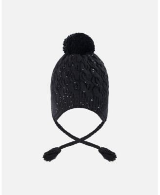 Girl Winter Peruvian Knit Hat with Pompom and Lining Black - Toddler|Child