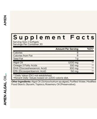 Algal Oil Omega-3 Supplement – 1000mg Algal Omega-3 Fatty Acids,DHA & EPA, 60 Softgels