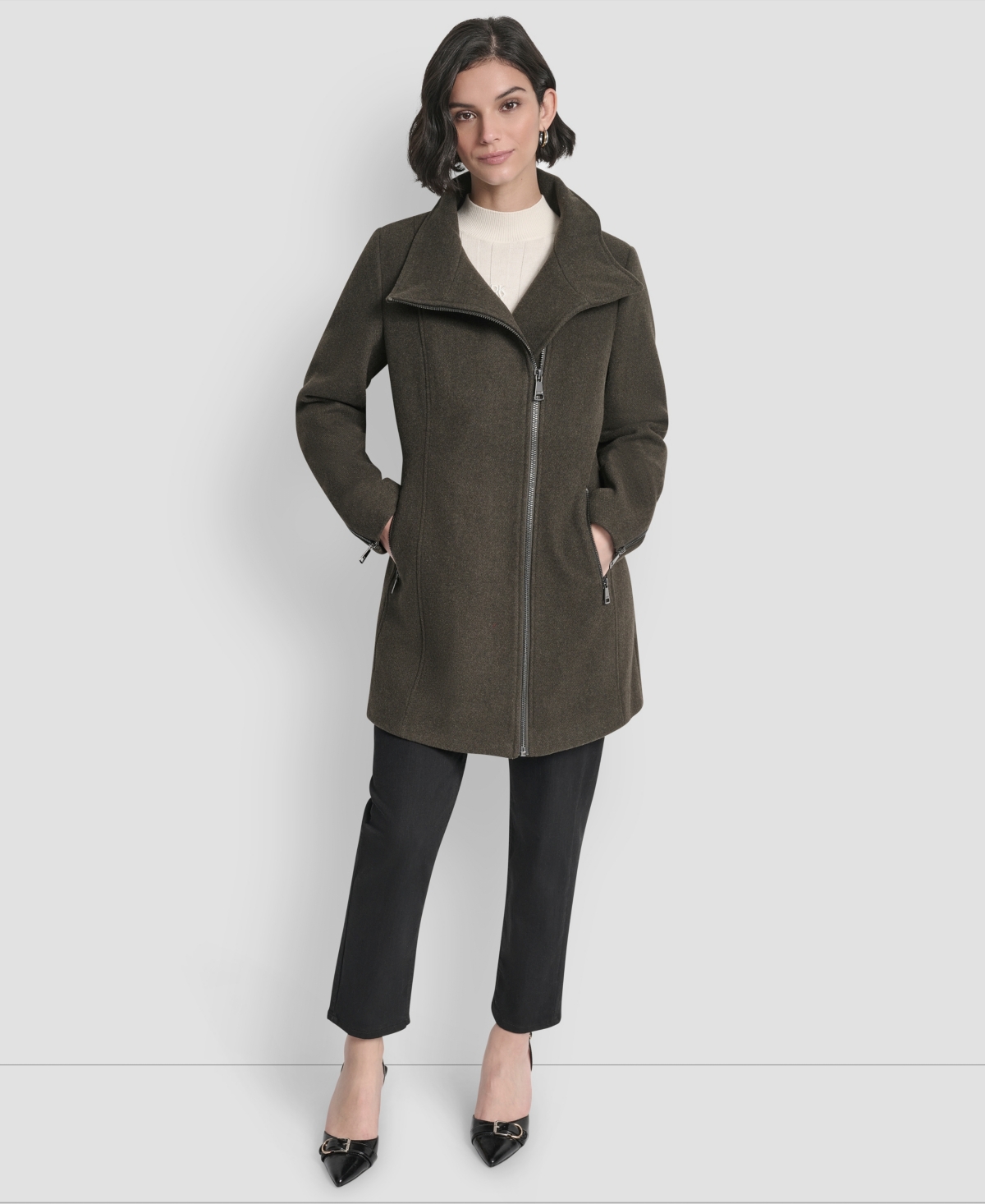 Dkny Womens Asymmetrical Zip Coat, Created For Macys In Green
