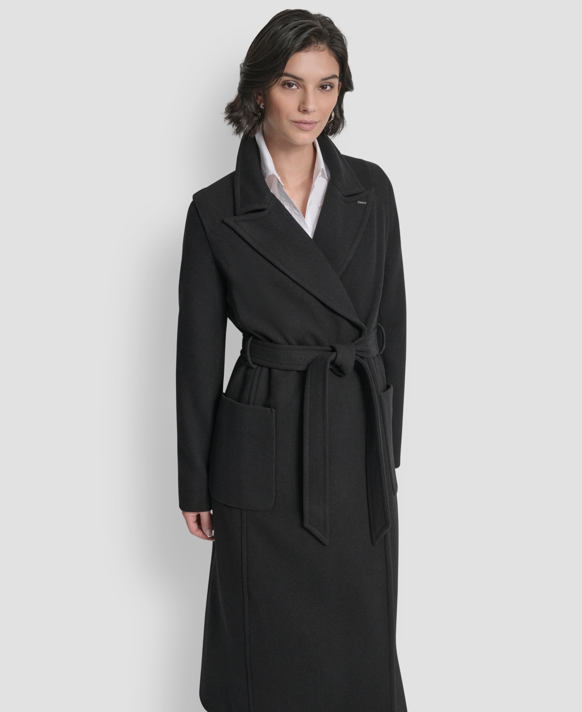 Dkny Women's Notch Collar Belted Wrap Coat In Black