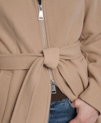 Petite Belted Zip Front Coat