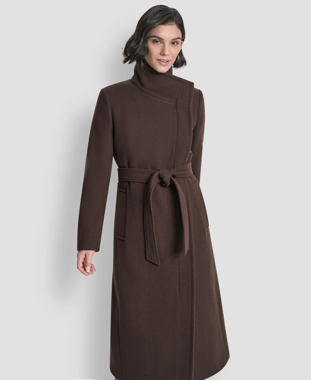 Dkny Women's Wing Collar Asymmetrical Wrap Coat In Brown