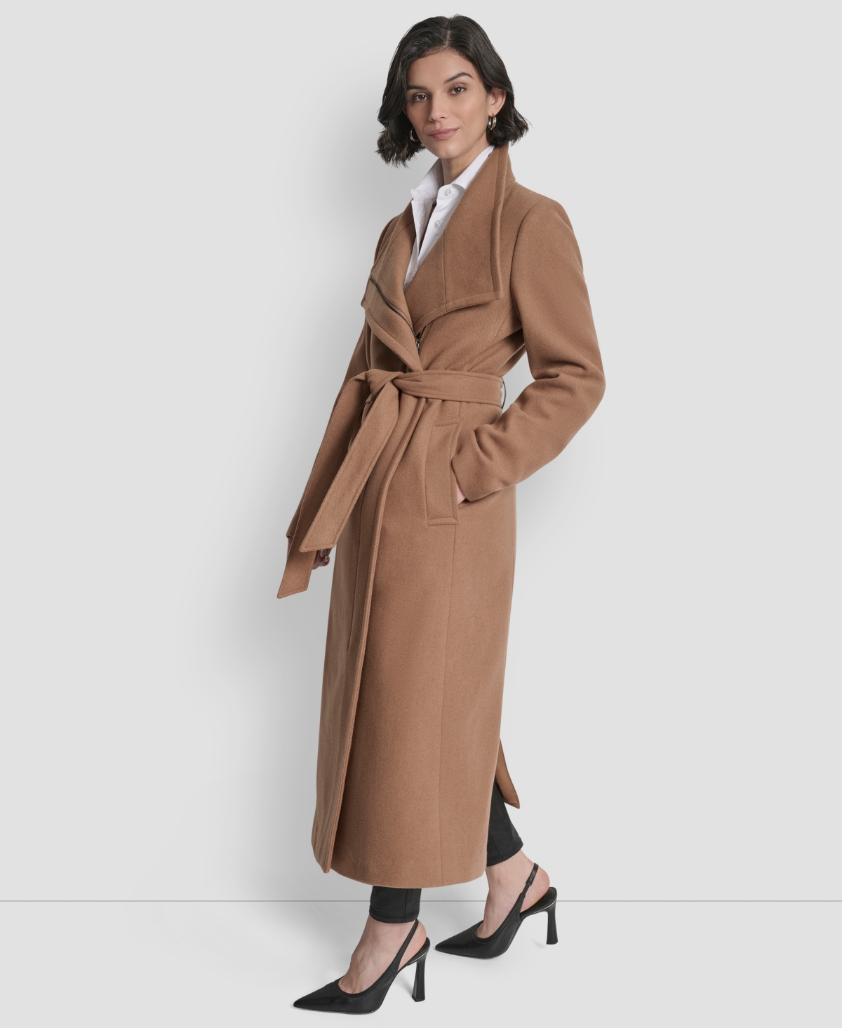 Dkny Women's Wing Collar Asymmetrical Wrap Coat In Brown