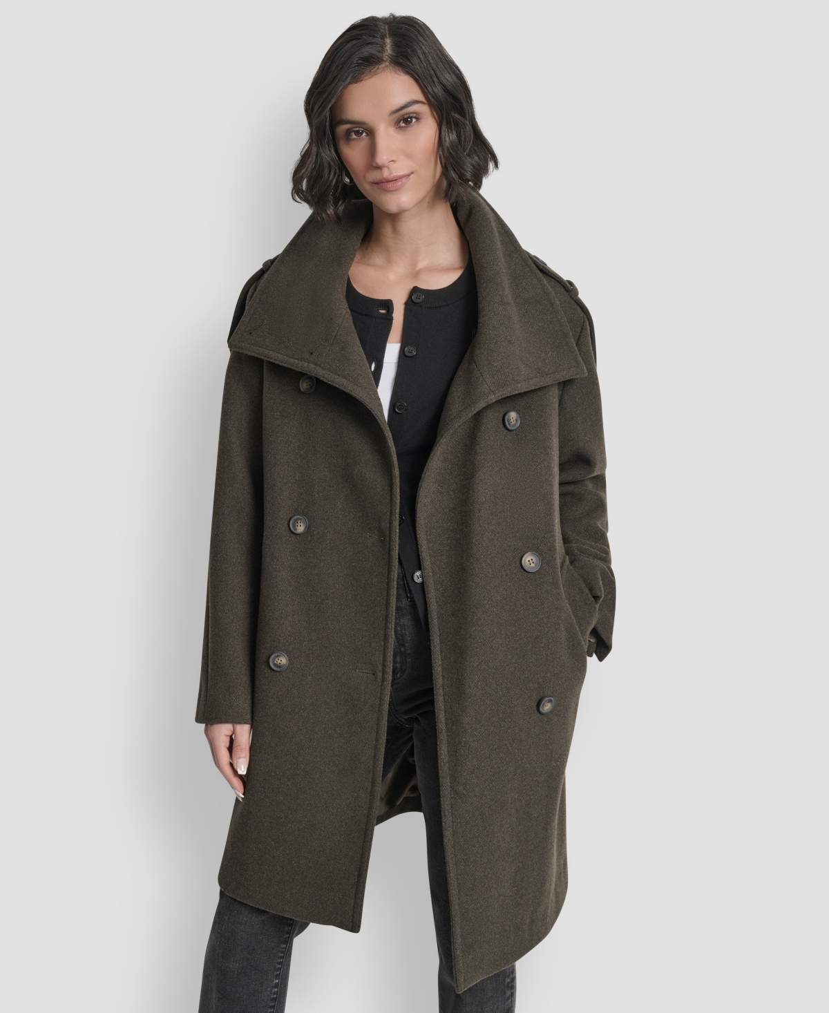 Dkny Double Breasted Wool Blend Military Coat In Green
