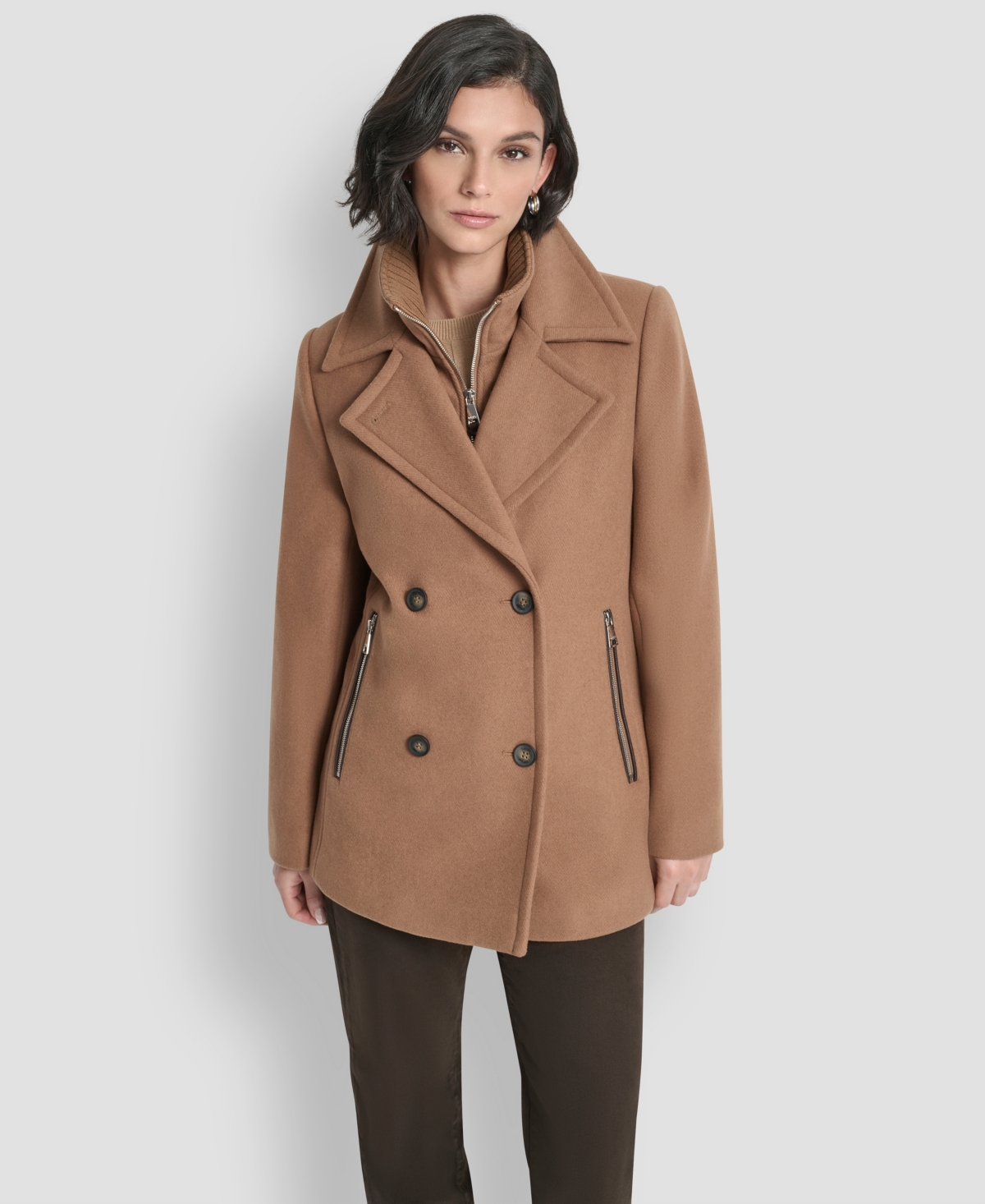 Dkny Womens Short Double Breasted Collared Coat P Xs Xxl In Brown