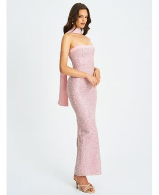Women Raizel Pink Beaded Sequin Bodycon Gown with Scarf