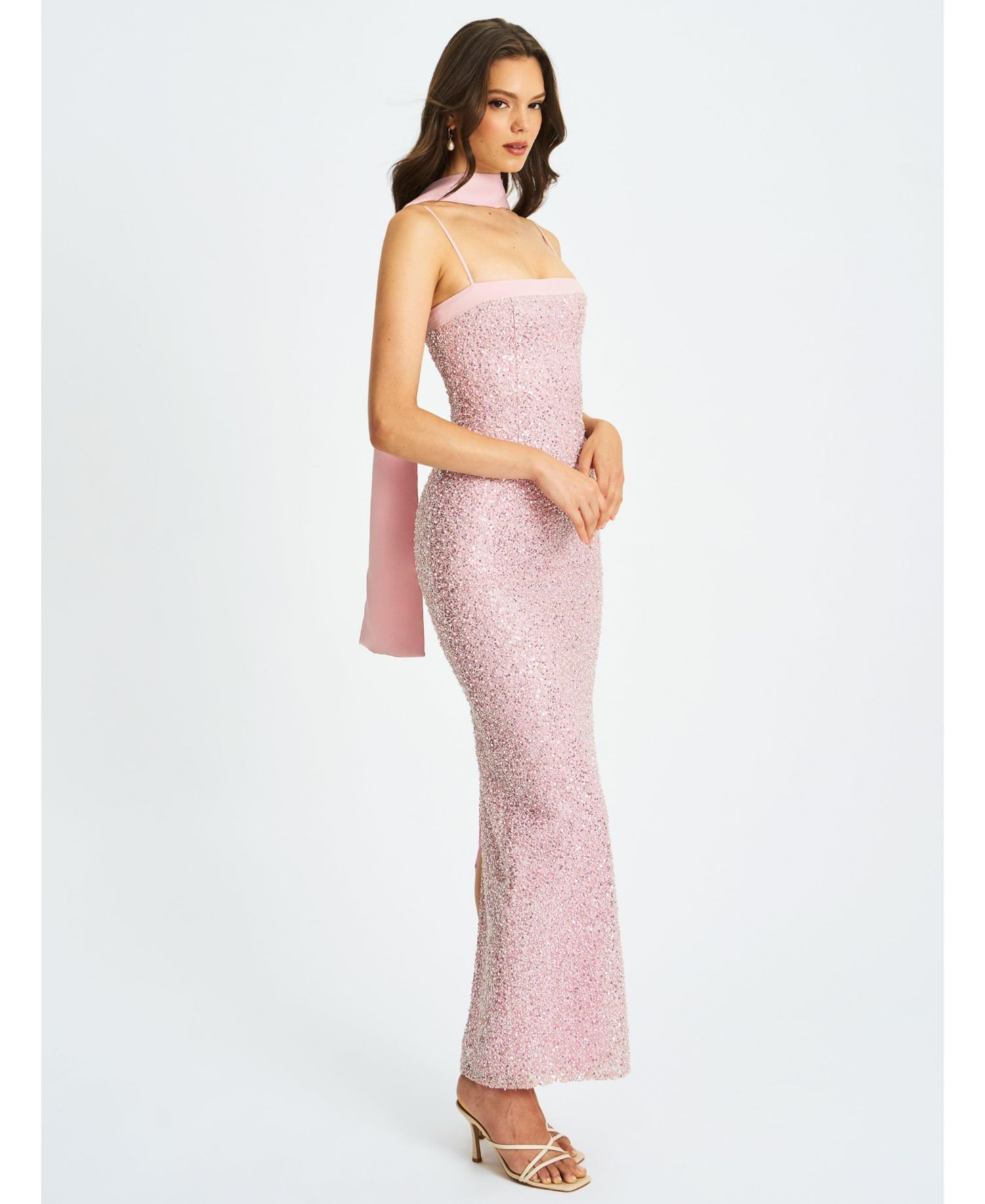 Women Raizel Pink Beaded Sequin Bodycon Gown with Scarf