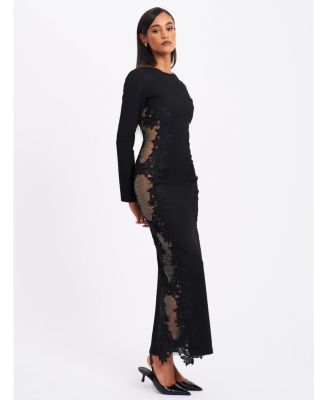 Women's Bailey Lace Trim Crystal Net Cutout Long Sleeve Gown