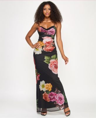 Emerald Sundae - Juniors' Cowlneck Floral-Mesh Sleeveless Gown