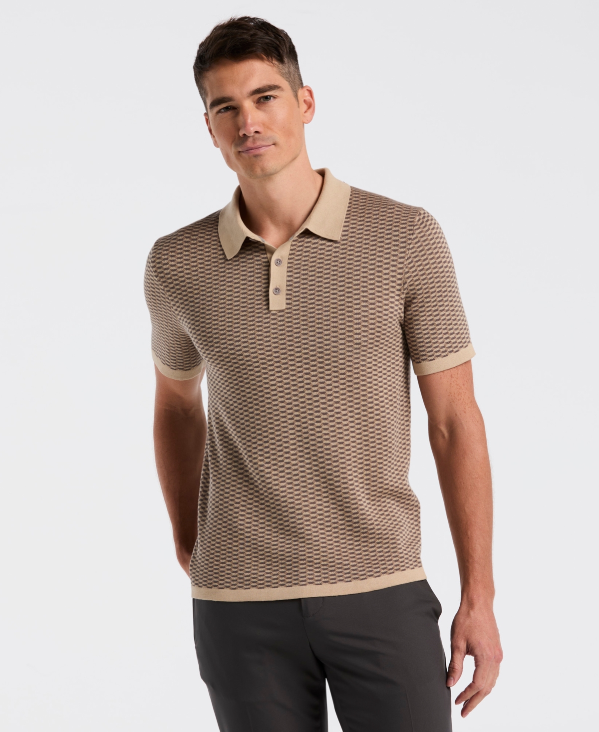 Perry Ellis Men's Tech Zip Short Sleeve Polo Sweater In Brown