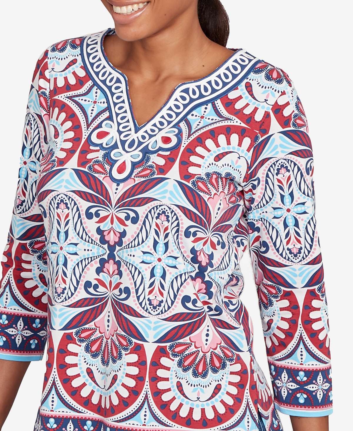 Ruby Rd. Petite Embellished Geo Border Knit Top In Blue