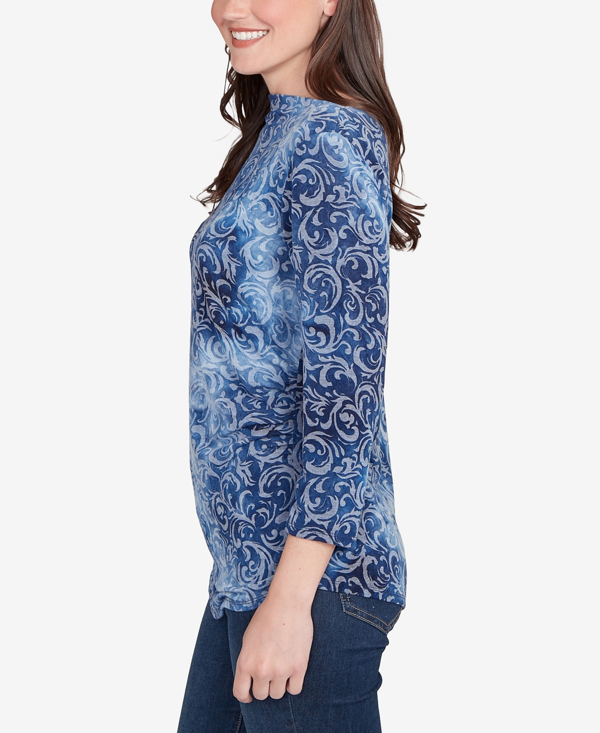 Ruby Rd. Petite Tie Dye Scroll Floral Hatchi Top In Blue