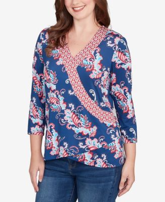 Petite Ikat Floral Puff Print Surplice Top
