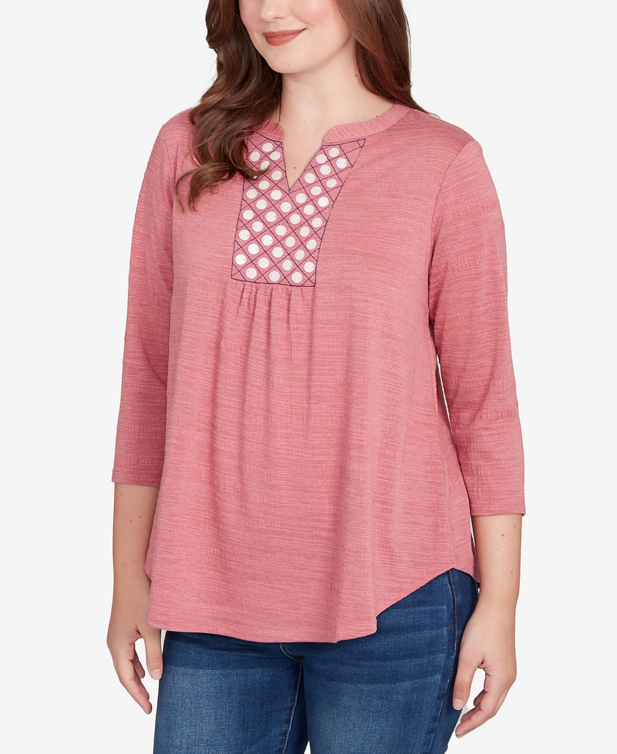 Ruby Rd. Petite Textured Knit Embellished Top In Red