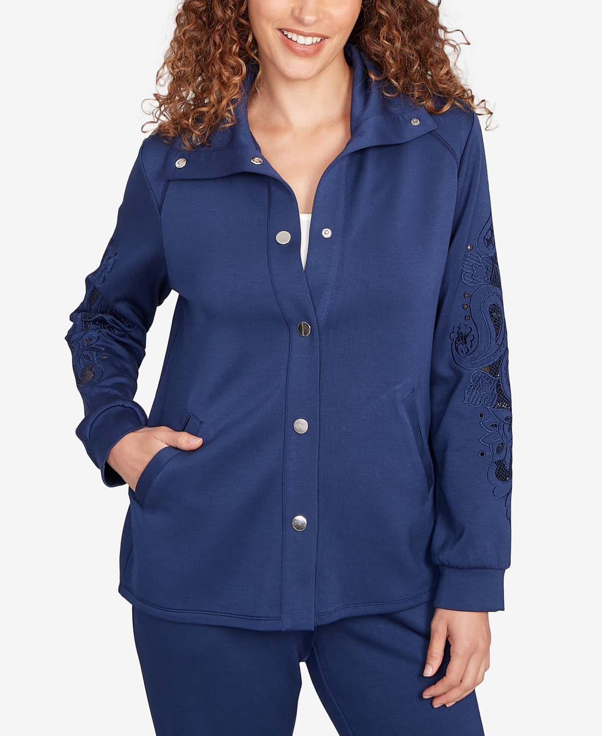Ruby Rd. Petite Embroidered Floral Cutout Snap Jacket In Blue