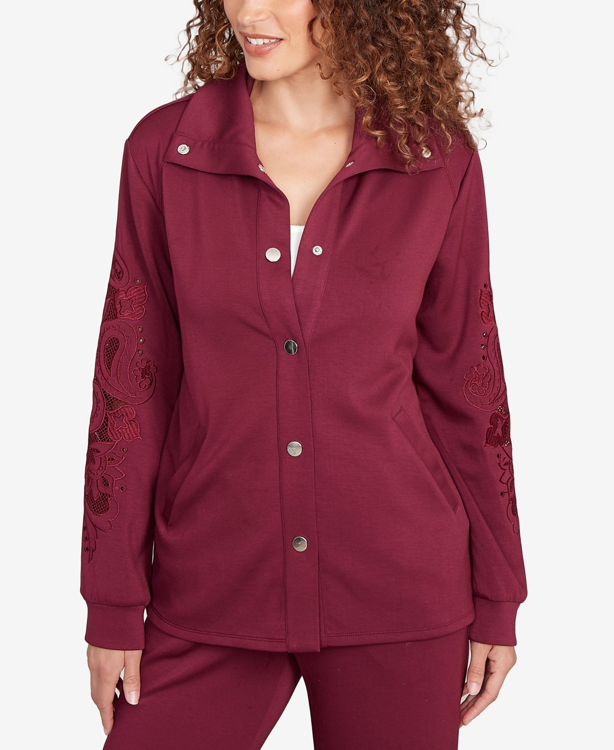 Ruby Rd. Petite Embroidered Floral Cutout Snap Jacket In Red