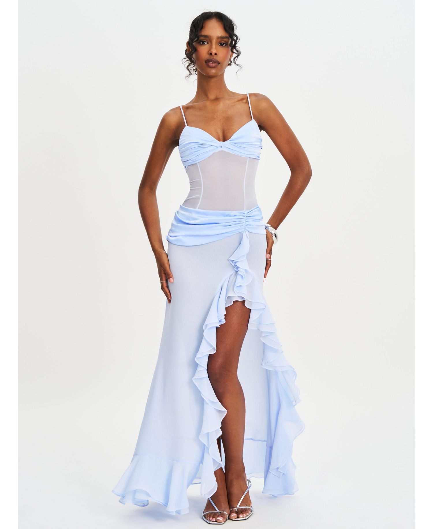 Women Lacy Blue Ruched Breast High Slit Chiffon Dress