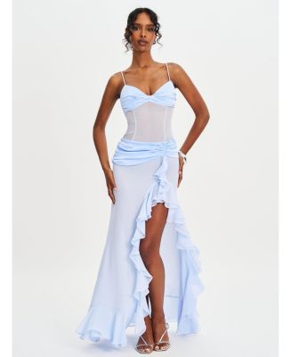 Miss Circle Women Lacy Blue Ruched Breast High Slit Chiffon Dress