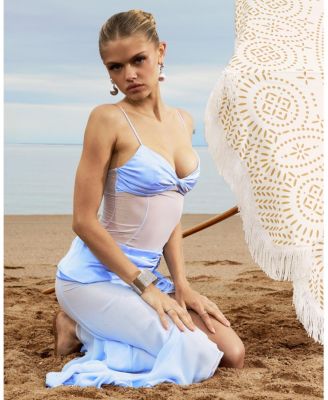 Women Lacy Blue Ruched Breast High Slit Chiffon Dress