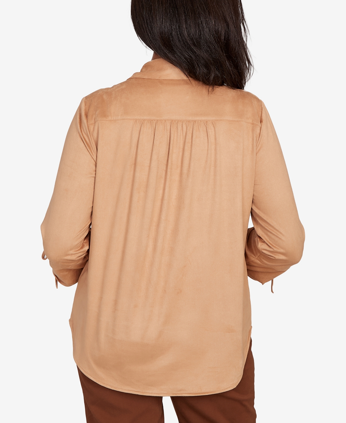Alfred Dunner Petite Mount Laurel Button Front Faux Suede Top In Brown