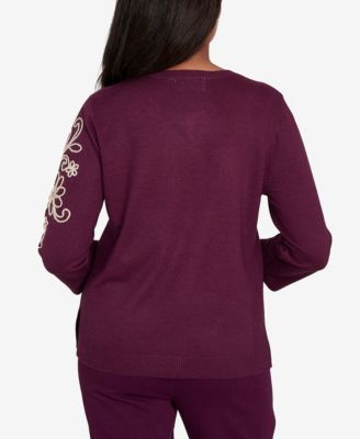 Petite Urban Legend Diagonal Floral Embroidered Sweater