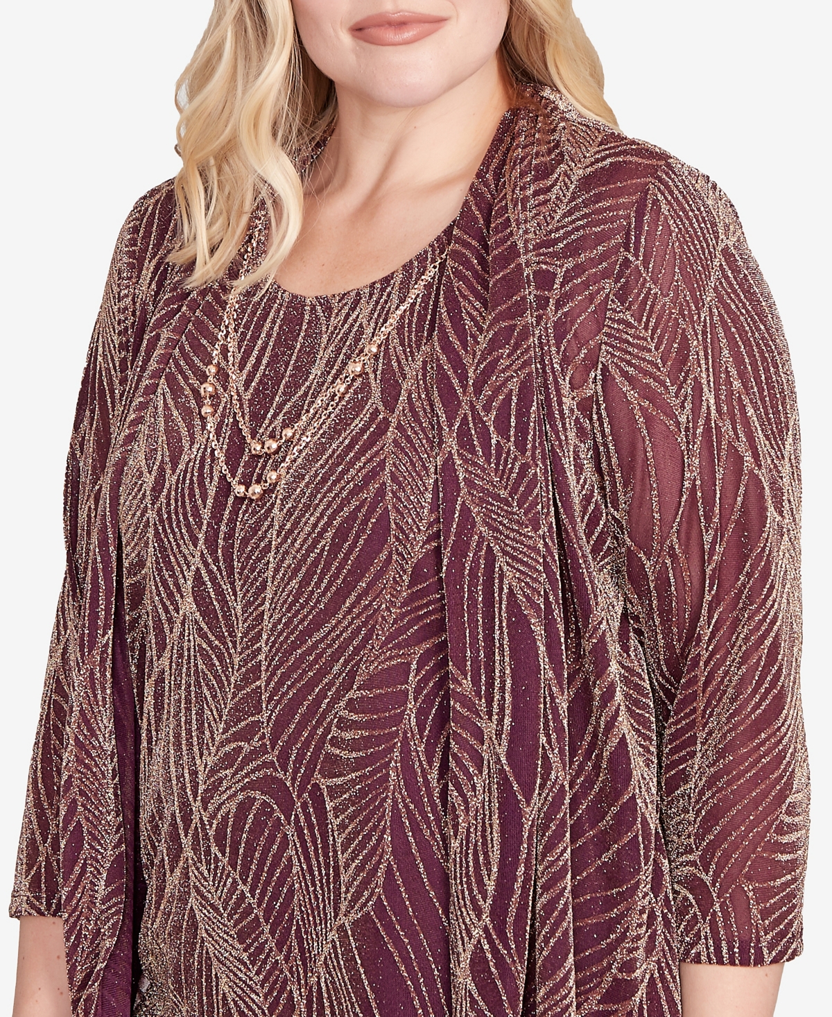 Alfred Dunner Petite Urban Legend Glitter Leaf Two In One Top With Necklace In Pink