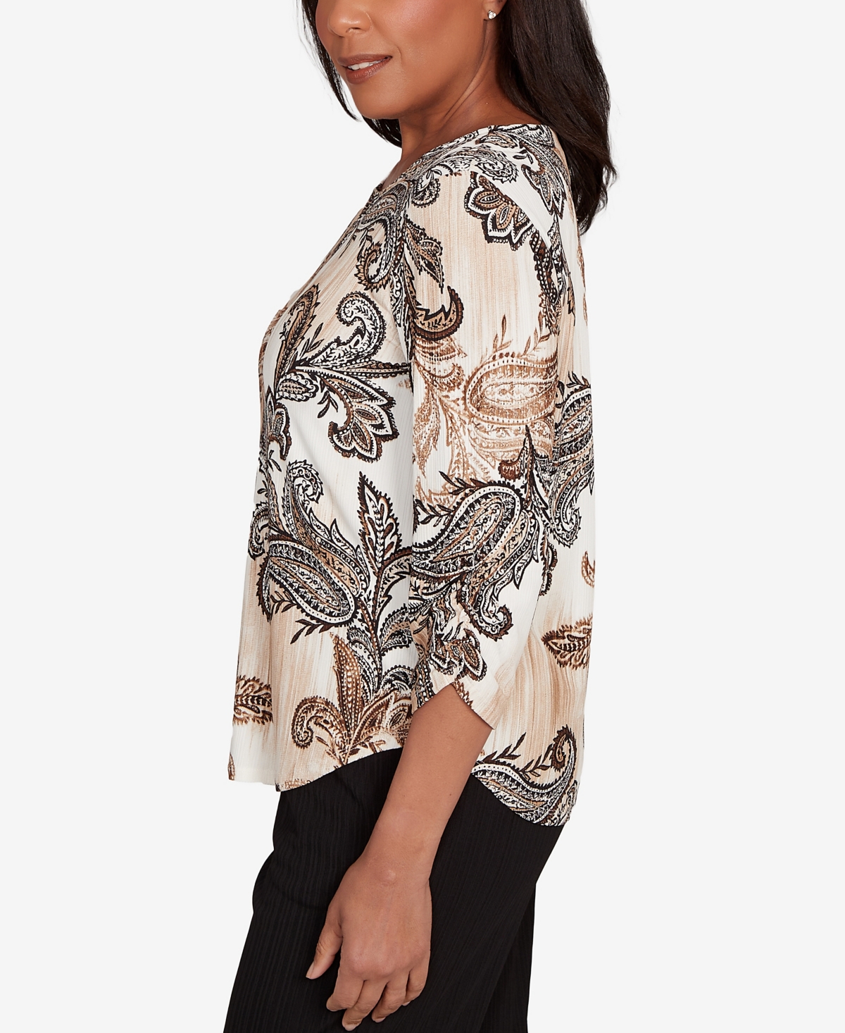 Alfred Dunner Petite Textured Paisley Ruched Sleeves Top In Brown
