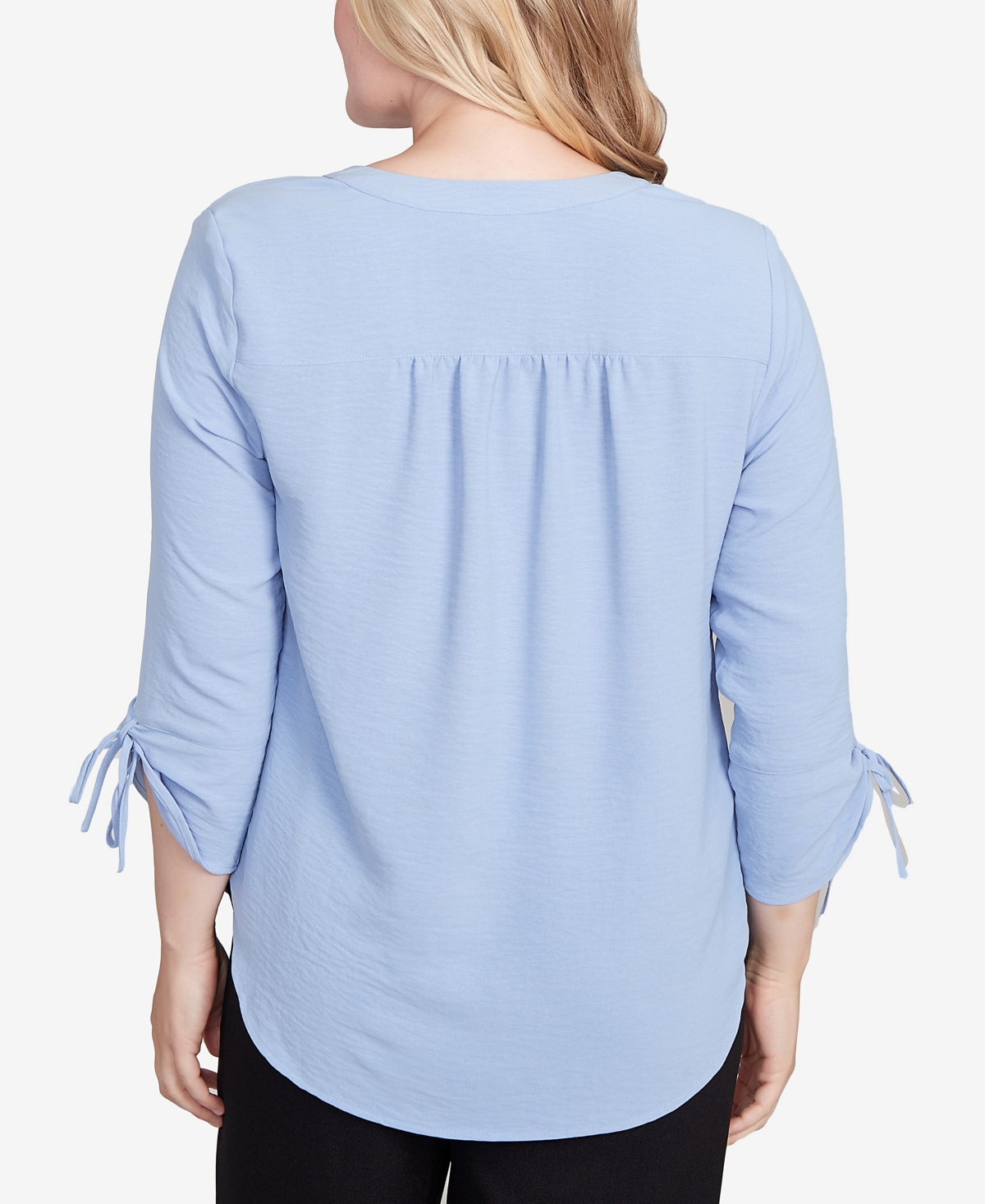Alfred Dunner Petite Tie Sleeve Crinkle Textured Henley Top In Blue