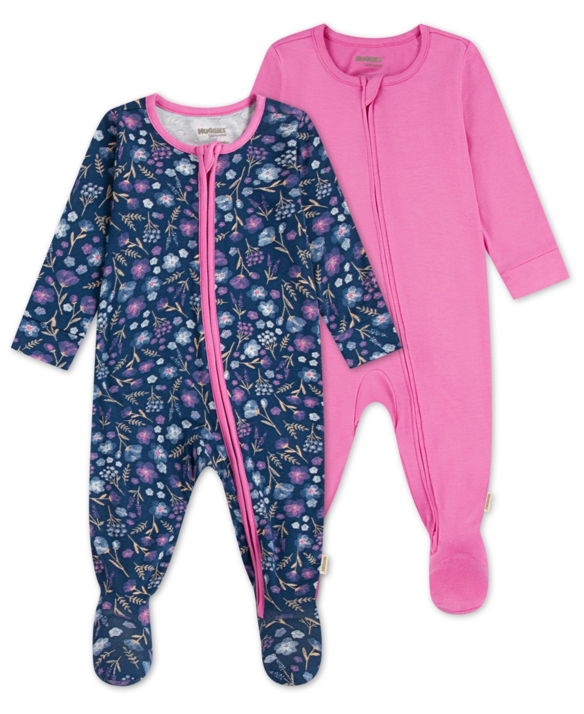 Huggies Baby Girls 2-pack Footed Crewneck Coverall In Pink
