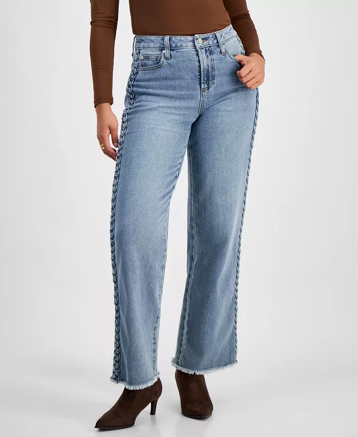 Women's Braided-Trim High Rise Straight Leg Jeans - thumbnail 3